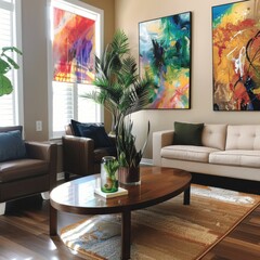 A contemporary living room adorned with large, abstract paintings and a cozy arrangement of furniture
