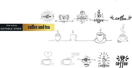  outline icons related to coffee and tea. Linear icon collection. Editable stroke. Vector illustration