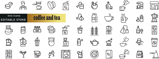  outline icons related to coffee and tea. Linear icon collection. Editable stroke. Vector illustration