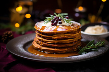 Spiced Sweet potato and gingerbread pancakes on a plate. Generated AI