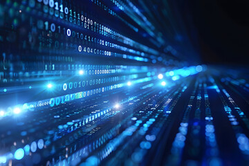 Abstract digital background with blue binary code and light streaks on black background, symbolizing technology and data transfer in cyberspace. This represents the flow of data in computer networks.