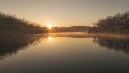 Fototapeta na wymiar A Breathtaking Sunrise Over A Calm Lake Casting A Upscaled 3