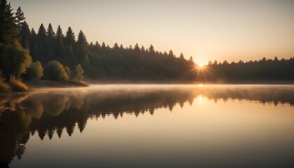 Fototapeta premium A Breathtaking Sunrise Over A Calm Lake Casting A