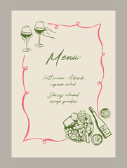 Elegant menu template. Matisse style food and beverage illustrations.