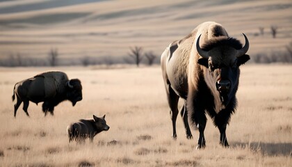 A Buffalo With A Lone Wolf Watching From Afar