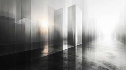 A monochromatic digital artwork featuring reflective skyscraper-like structures with a subtle sunrise, symbolizing urban development and futuristic design