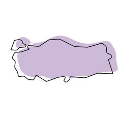 Turkey country simplified map. Violet silhouette with thin black smooth contour outline isolated on white background. Simple vector icon