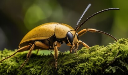 Un scarabée doré arpente gracieusement une branche recouverte de mousse verte, sa carapace brillante scintillant sous le doux éclat du soleil.