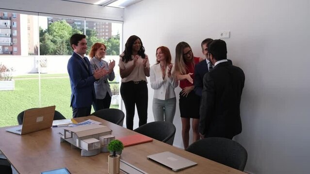 Applause for the general manager after some business results with growth. Concept: business, investment, improvement