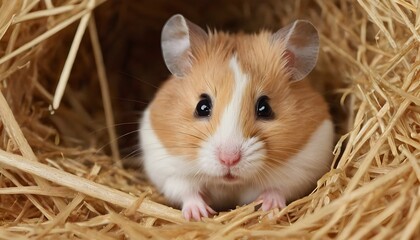 A Hamster Peeking Out From A Pile Of Hay