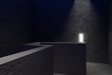 Interior dark room, hangar with concentrate wall and floor, fog and mist environment. 3d render. 