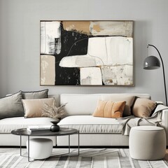 This modern living room boasts a large abstract painting, a comfortable white sofa, and chic accent pillows, paired with a trendy floor lamp.