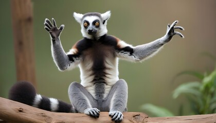 A Lemur With Its Tail Raised In The Air Communica - obrazy, fototapety, plakaty