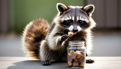 A Raccoon With Its Paw In A Jar Trying To Reach A