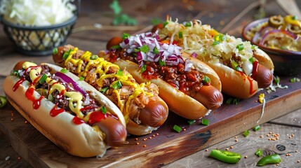 A colorful array of gourmet hot dogs topped with a variety of creative toppings like chili, cheese, sauerkraut, onions, and mustard, served on a rustic wooden serving board. - obrazy, fototapety, plakaty