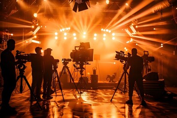 Fototapeta premium Cinematic Shadows: Film Crew in Action with Cameras and Lighting Equipment. Concept Filmmaking, Cinematic Shadows, Camera Crew, Lighting Equipment, Behind the Scenes