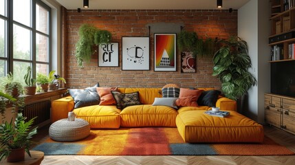 Eclectic bohemian-style living room with a bold yellow sofa, exposed brick walls, and vibrant textiles