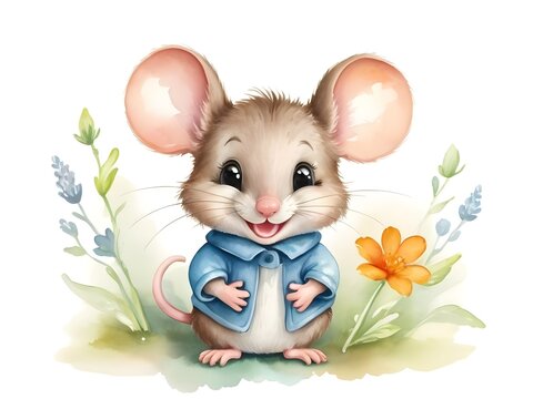 Watercolor drawing of a smiling little mouse, pastel colors, like in a children's book on a white background, love	
