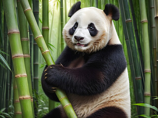 Obraz premium Panda in the Bamboo Forest: Fluffy panda hugging a bamboo stick. generative AI