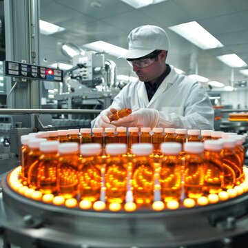 A pharmaceutical professional in white lab attire meticulously checks bottles on a manufacturing line under bright factory lights