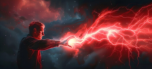 Power and might concept illustrated by a human holding a scarlet bolt of electricity. - obrazy, fototapety, plakaty