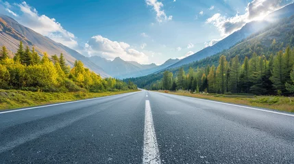 Deurstickers Photo of empty asphalt road against the backdrop of beautiful summer landscape © CozyDigital