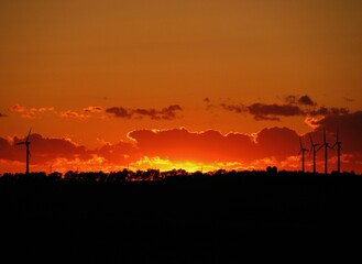 wind turbines at sunset