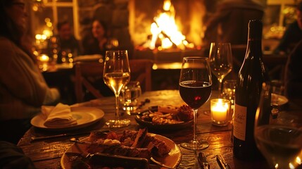 A cozy fireplace corner in an intimate food restaurant, with diners gathered around a crackling fire, enjoying hearty comfort food and fine wine in a warm and welcoming ambiance.