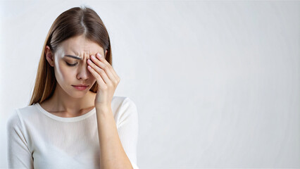 Unwell woman, expressing headache, pain and cry