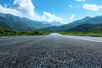 Foto op Plexiglas Photo of empty asphalt road against the backdrop of beautiful summer landscape © CozyDigital