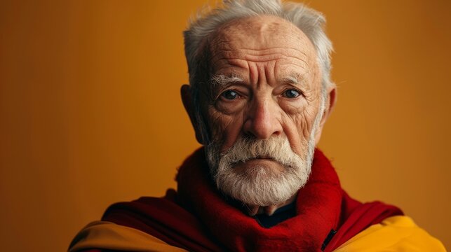 Senior man with sharp focus in superhero costume against orange background