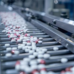 A conveyor belt moving with a mix of white and red pills, focusing on the pharmaceutical quality inspection process.