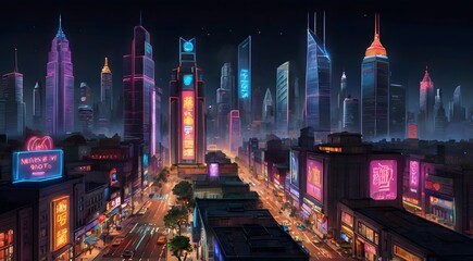 "Design a bustling cityscape with towering skyscrapers, busy streets, and neon-lit storefronts, capturing the dynamic energy of modern commerce."

