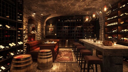 A cozy wine cellar in an intimate food restaurant, lined with racks of fine wines from around the...