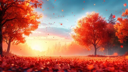 Colorful autumn leaves falling from tree branches at sunset