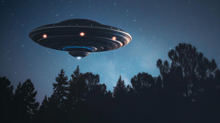 UFO alien saucer flying above trees at night