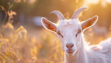 Sun-Kissed White Goat Portrait in Pastoral Setting - obrazy, fototapety, plakaty