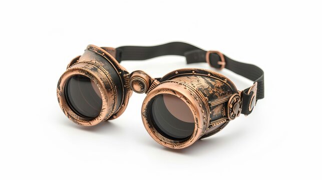 A pair of steampunk bronze goggles is depicted in this illustration, isolated against a clean white background. 