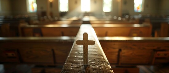 Quiet Sanctuary: Wooden Cross on Church Pews in Soft Light - obrazy, fototapety, plakaty