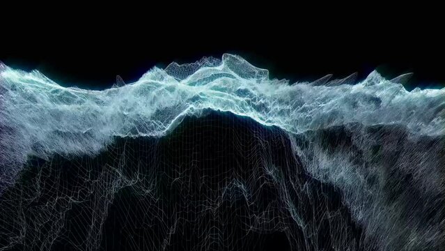 Abstract background with lines as spikes and peaks. Audio spectrum wave simulation in wireframe glowing and in loop. Seamless loop of wireframe waves animation. Abstract digital wave form