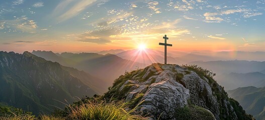 Serenity at Sunrise: Mountain Summit Cross Overlooking the Horizon