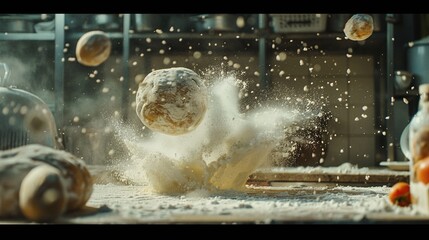 A dynamic shot capturing the tossing of pizza dough in mid-air, frozen in motion against a backdrop of flour-dusted countertops.