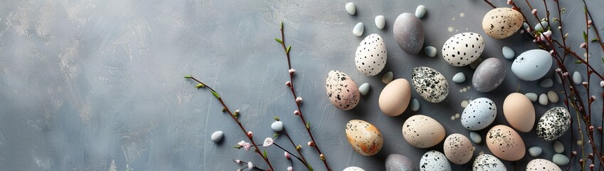 Easter banner with willow branches and wreaths made of eggs on gray background, flat lay top view - obrazy, fototapety, plakaty