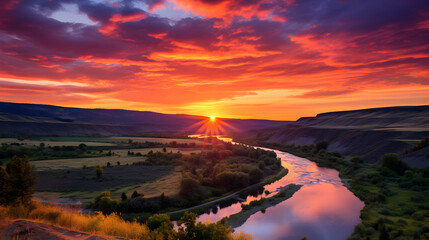 The Majestic Sunset Glory: A Tranquil, Verdant Valley Illuminated by A Spectacular Sky