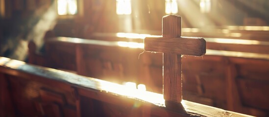 Quiet Sanctuary: Wooden Cross on Church Pews in Soft Light
