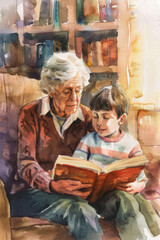Elderly Woman Reading Book to Young Boy in Cozy Library Setting