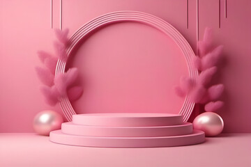  Cylinder podium on pink background for product, Symbols of love for women's holiday, Valentine's Day, roses ornaments