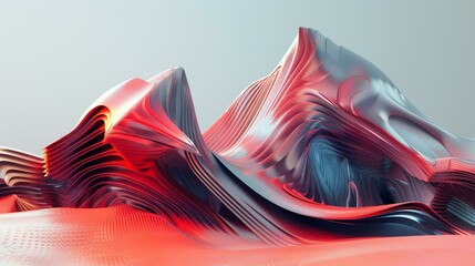3D rendering of a mountain landscape. The mountains are made of smooth, flowing lines and have a...