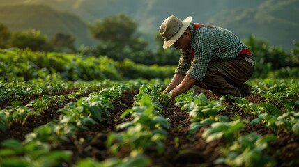 Farmer checks the leaves of the green plants of his fields