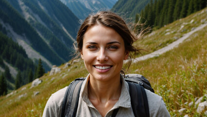 Ragazza dai capelli castani sorride felice mentre cammina durante un trekking estivo in montagna su un sentiero delle Alpi - obrazy, fototapety, plakaty